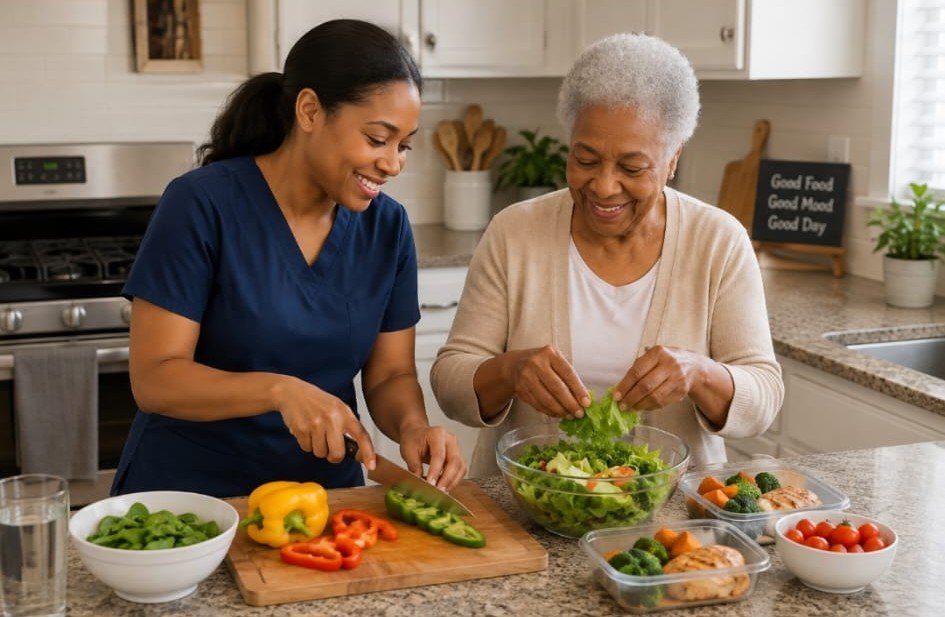 Caregiver preparing a fresh meal in a client's kitchen