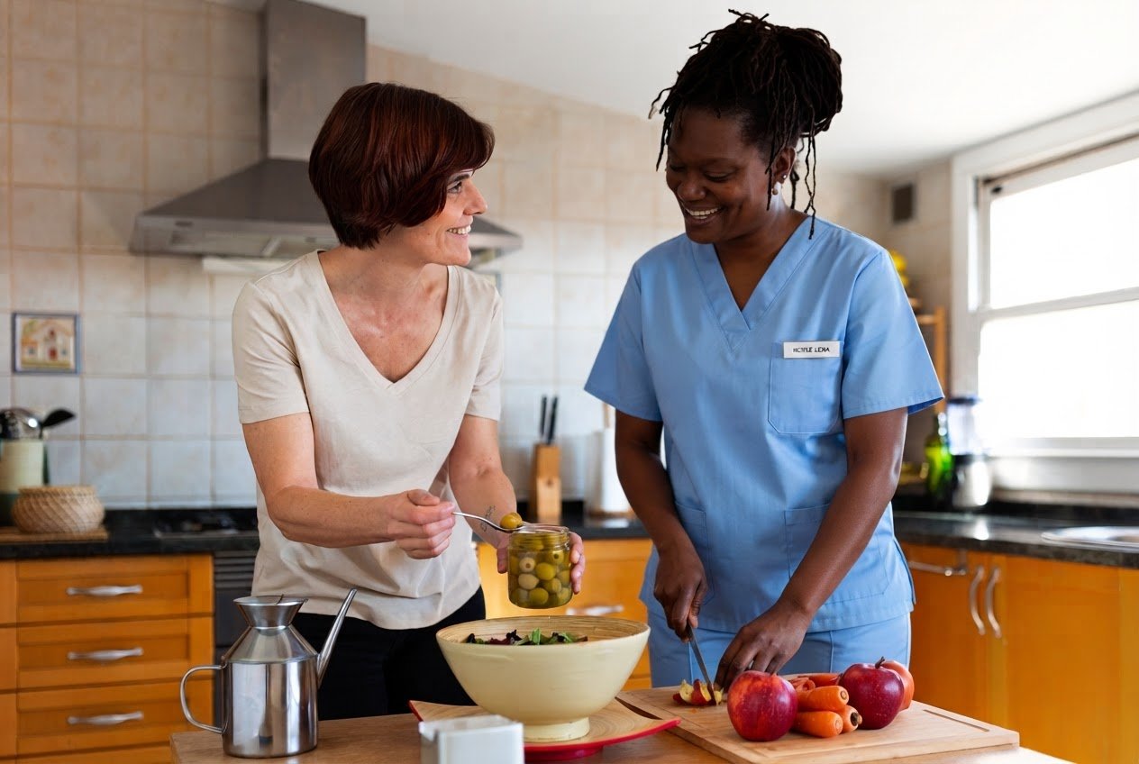 Caregiver and client sharing a home-cooked meal at the kitchen table