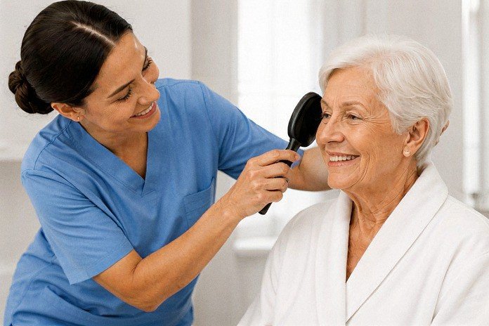 Caregiver assisting a client with morning routine at home
